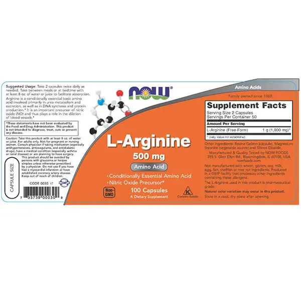 Now L-Arginine Amino Acid Supplement Facts